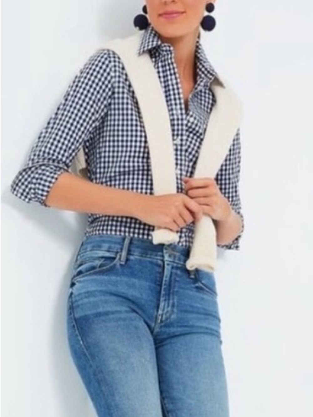 The Shirt by Rochelle Behrens Navy and White Classic Style Checkered Button-Down